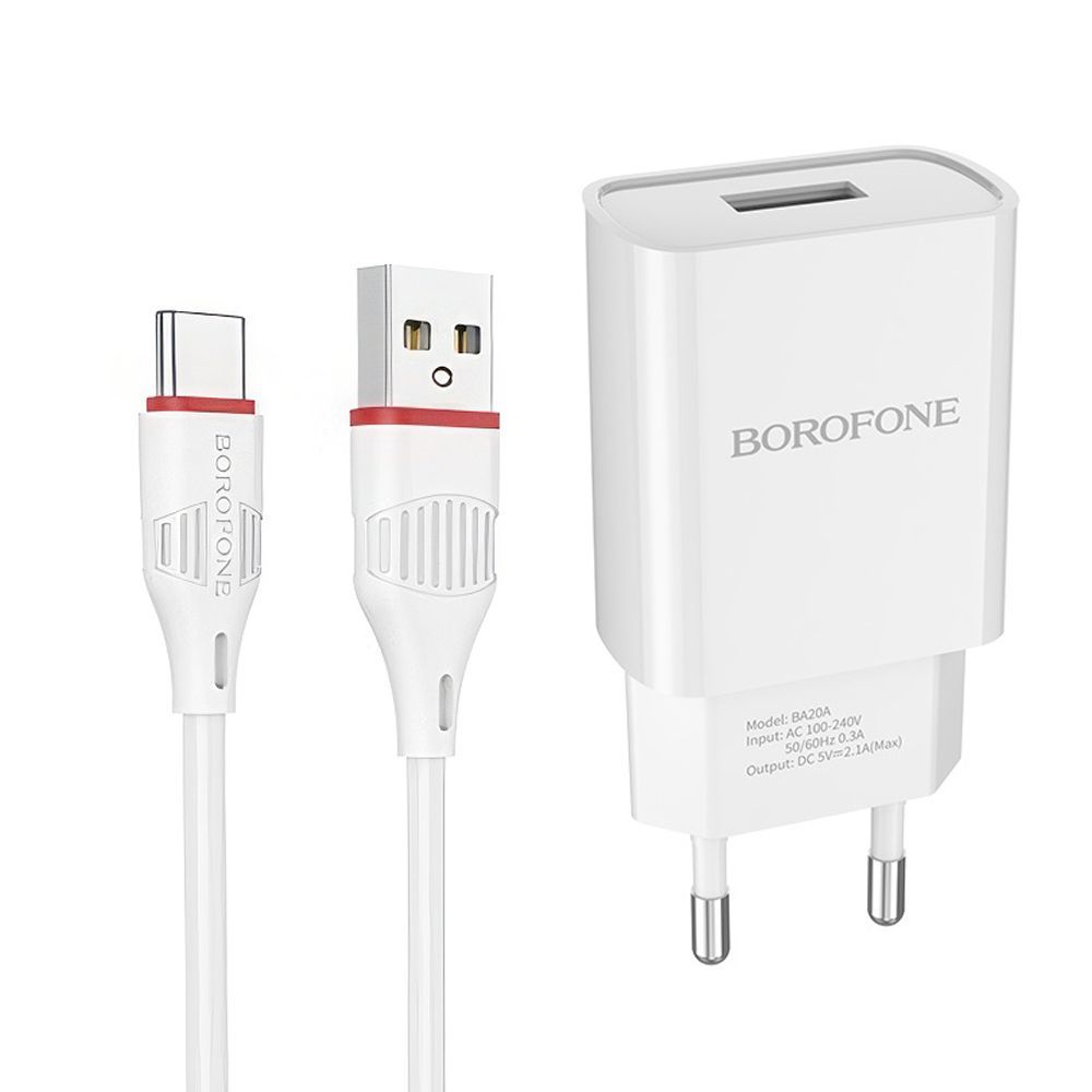 СЗУ BOROFONE BA20A Sharp 1xUSB, 2.1А + кабель Type-C, 1м (белый)
