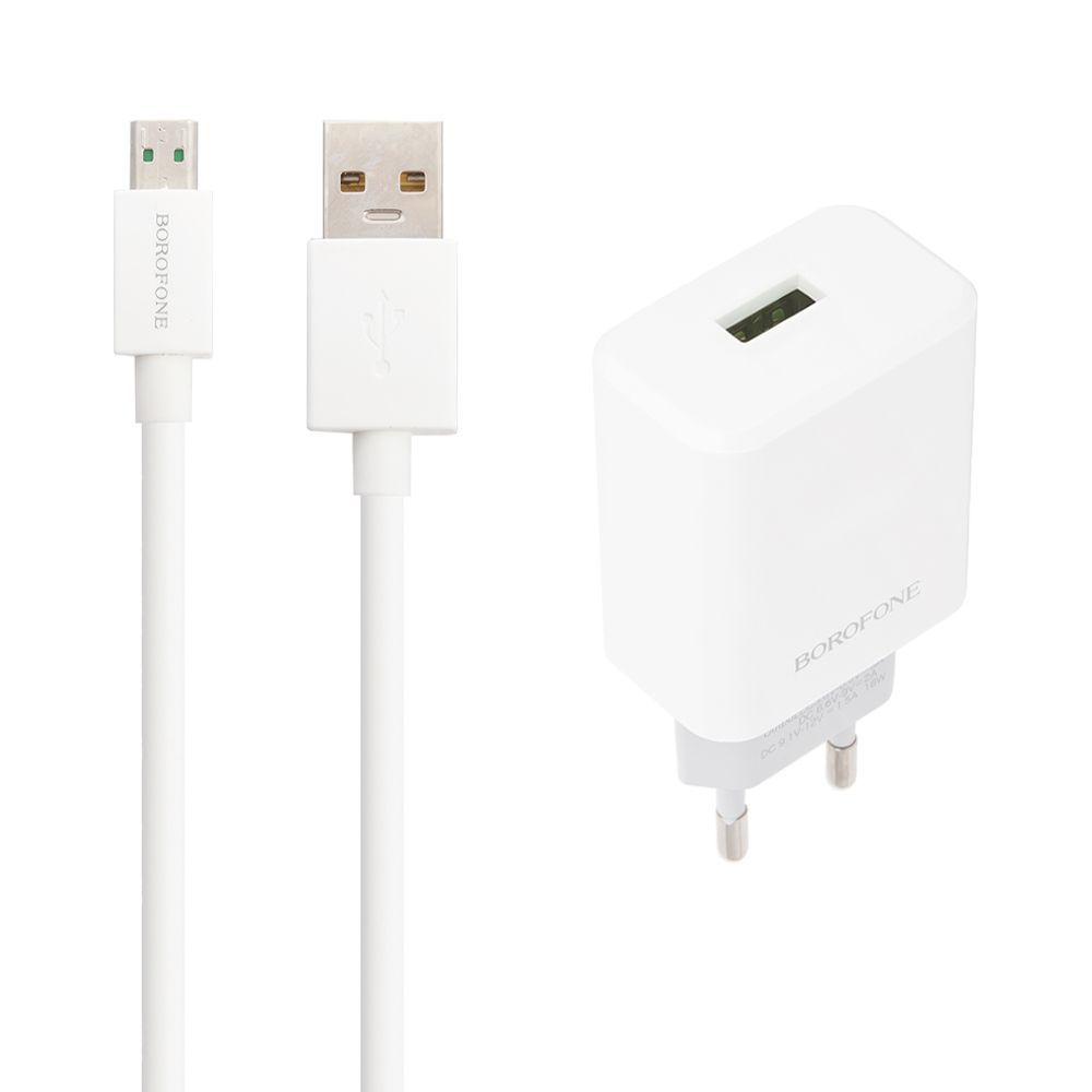 СЗУ BOROFONE BA32A Bright Power 1xUSB QC3.0, 18W, 3А + кабель MicroUSB, 1м (белый)