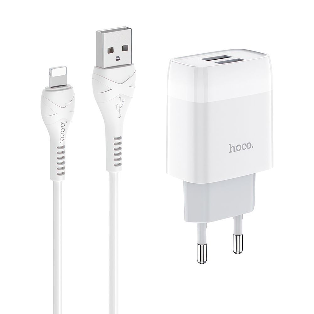 СЗУ HOCO C73A Glorious 2xUSB, 2.4А + USB кабель Lightning 8-pin, 1м (белый)