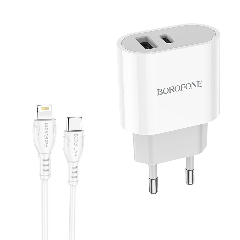 СЗУ BOROFONE BA62A Wiseacre 1xUSB + USB-C + кабель USB-C Lightning 8-pin, 1м, 2.4А (белый)