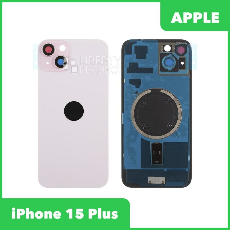Задняя крышка для iPhone 15 Plus (розовый) в сборе со стеклом камеры с логотипом, монолит MagSafe — фото 2