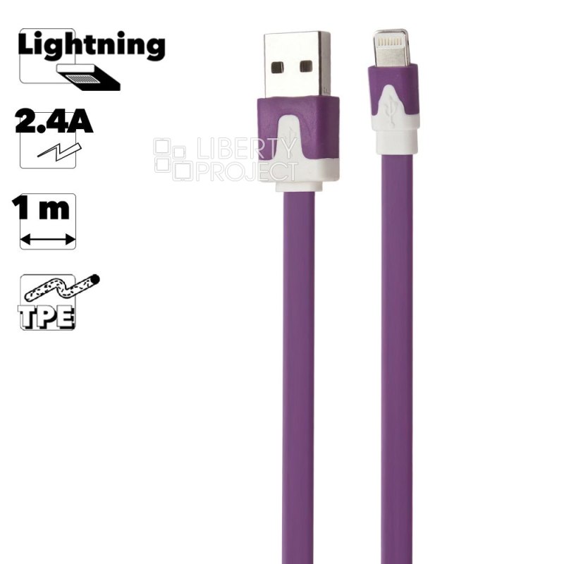 USB кабель &quot;LP&quot; для Apple iPhone/iPad Lightning 8-pin плоский узкий (сиреневый/коробка)