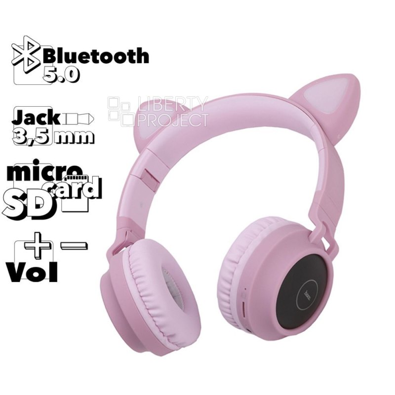 Bluetooth гарнитура HOCO W27 Cat Ear BT5.0, 3.5 мм, microSD, накладная, подсветка &quot;ушек&quot;, громкость +/- (розовый)