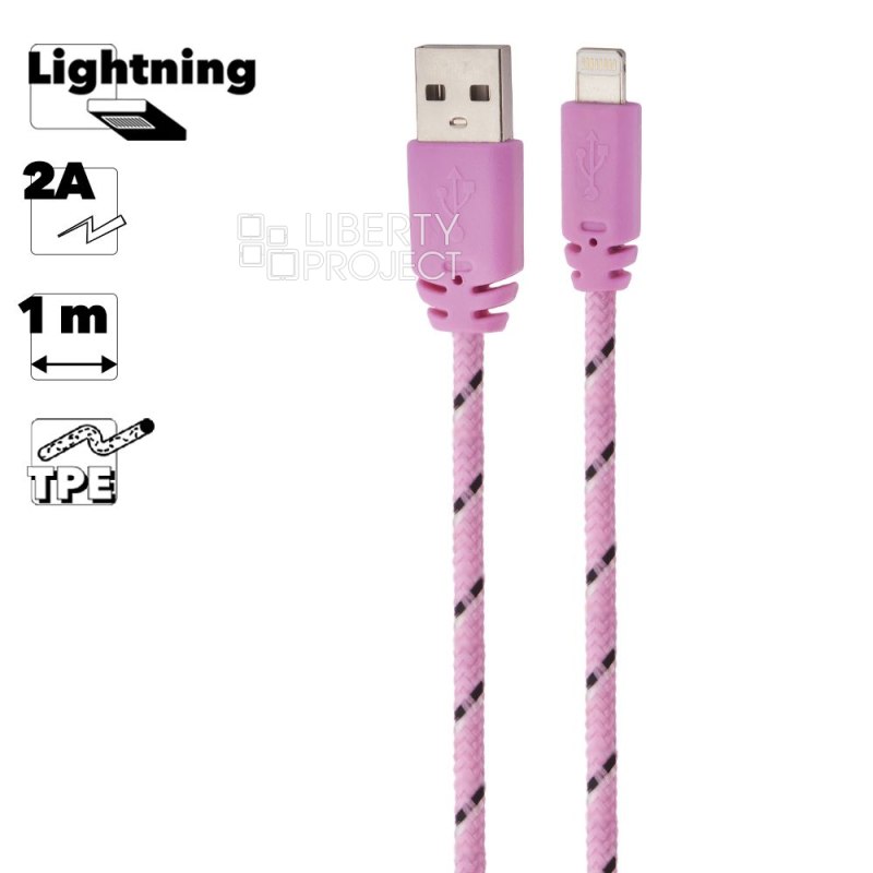 USB кабель &quot;LP&quot; для Apple iPhone/iPad Lightning 8-pin в оплетке (розовый/черный/коробка)
