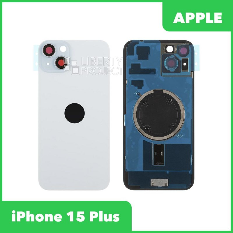 Задняя крышка для iPhone 15 Plus (голубой) в сборе со стеклом камеры с логотипом, монолит MagSafe — фото 2