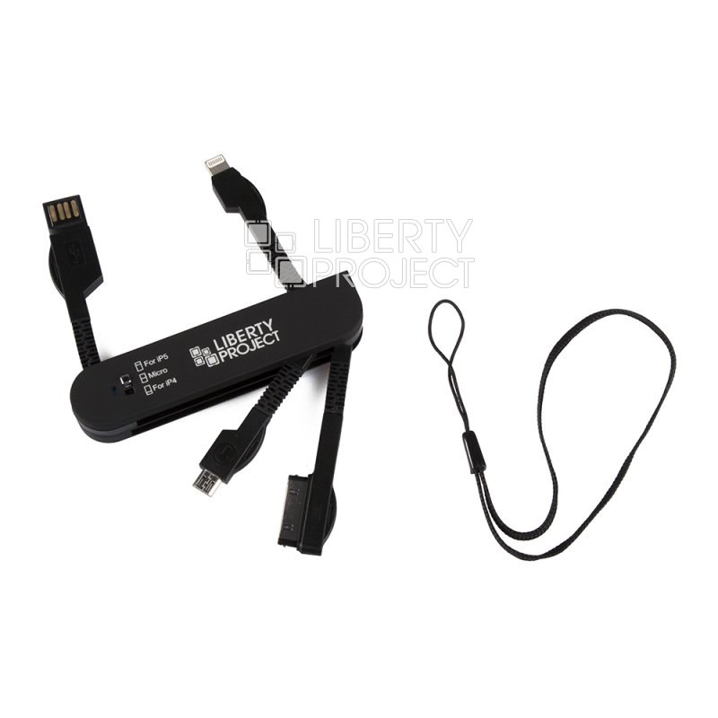 USB кабель &quot;LP&quot; 3 в 1 карманный черный (micro USB/Apple Lightning 8-pin/Apple 30 pin)