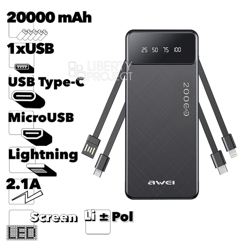 Внешний АКБ AWEI P132K 20000mAh, 1xUSB, 2.1А, LED дисплей, встроенный кабель MicroUSB/Type-C/Lightning 8-pin, Li-Pol (черный)