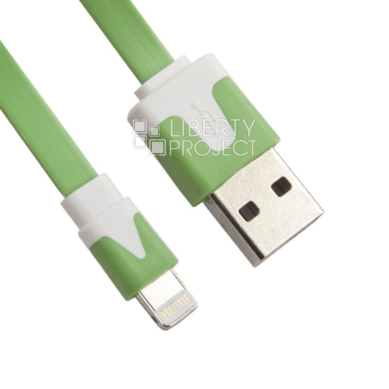 USB кабель &quot;LP&quot; для Apple iPhone/iPad Lightning 8-pin плоский узкий (зеленый/коробка)