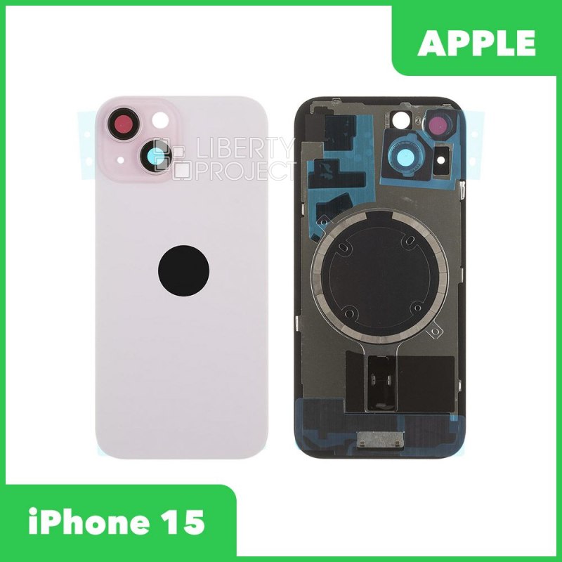 Задняя крышка для iPhone 15 (розовый) в сборе со стеклом камеры с логотипом, монолит MagSafe — фото 2