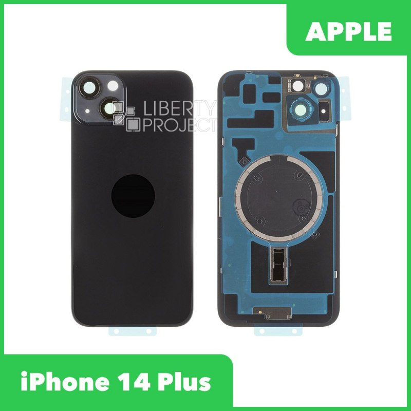 Задняя крышка для iPhone 14 Plus (черный) в сборе со стеклом камеры с логотипом, монолит MagSafe — фото 2