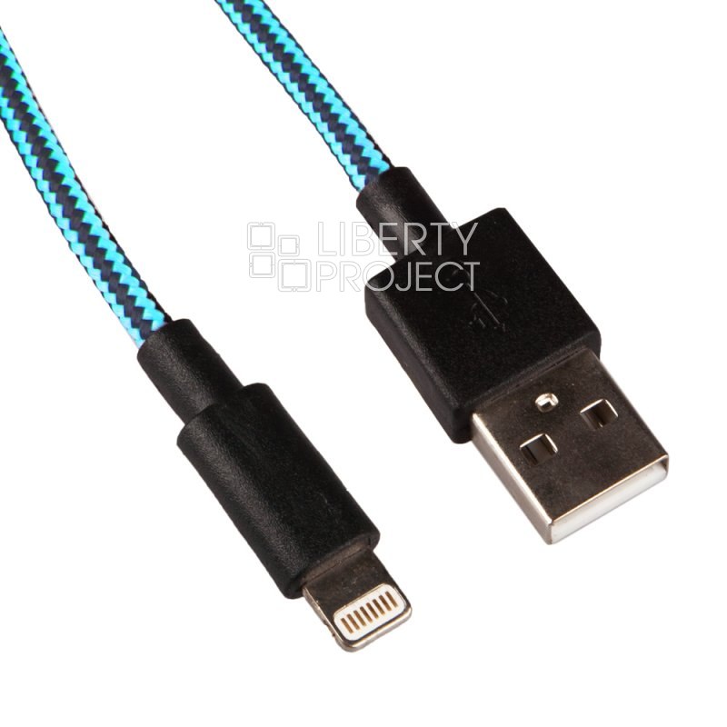 USB кабель &quot;LP&quot; для Apple iPhone/iPad Lightning 8-pin в оплетке (голубой/черный/коробка)