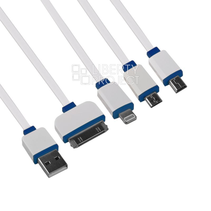 USB кабель &quot;LP&quot; 4 в 1 для подзарядки для Apple Lightning 8-pin/30 pin/MicroUSB/MiniUSB плоский (белый/синий)