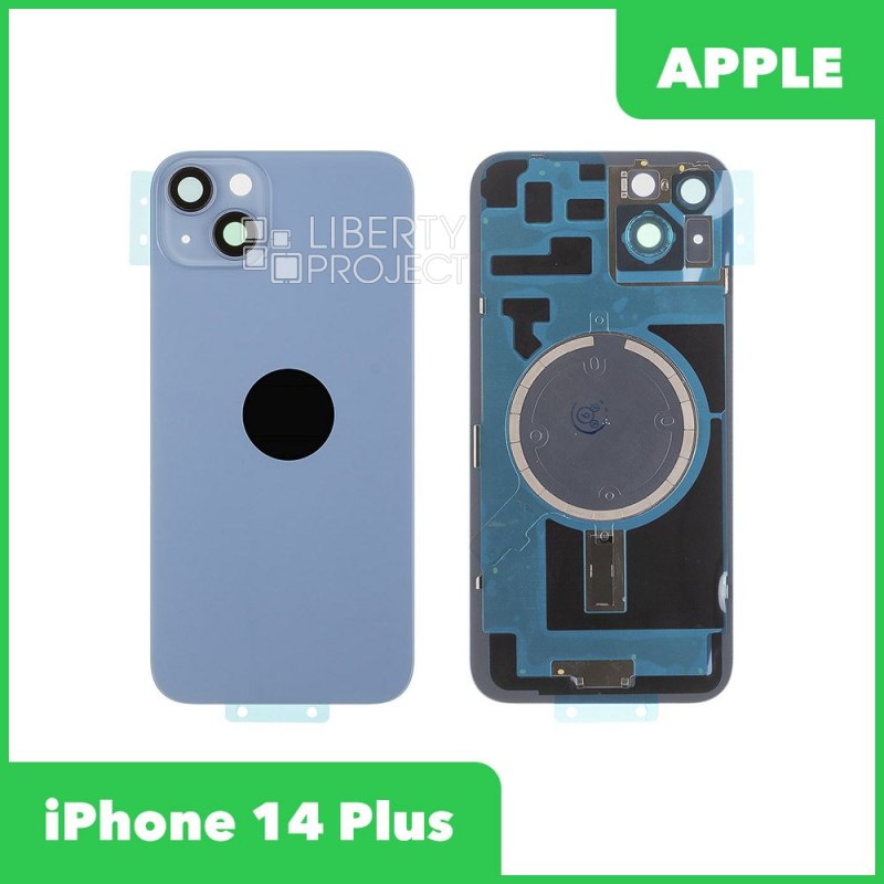 Задняя крышка для iPhone 14 Plus (синий) в сборе со стеклом камеры с логотипом, монолит MagSafe — фото 2