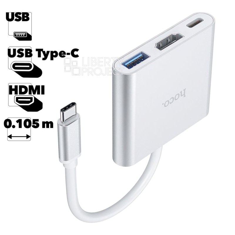 Адаптер HOCO HB14 Easy USB-C на USB3.0+HDMI+USB-C, PD 67W (серый)