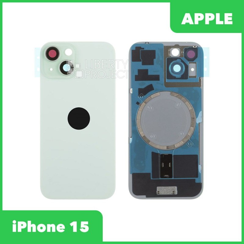 Задняя крышка для iPhone 15 (зеленый) в сборе со стеклом камеры с логотипом, монолит MagSafe — фото 2