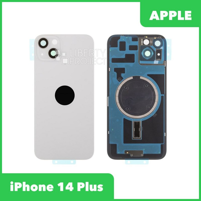Задняя крышка для iPhone 14 Plus (белый) в сборе со стеклом камеры с логотипом, монолит MagSafe — фото 2