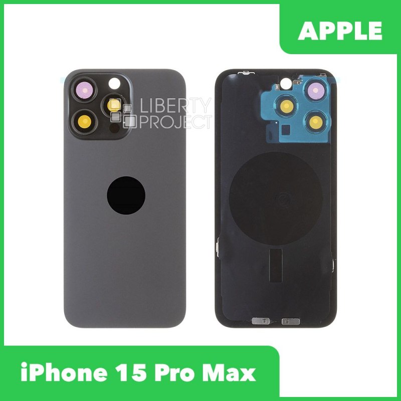 Задняя крышка для iPhone 15 Pro Max (черный) в сборе со стеклом камеры с логотипом, монолит — фото 2