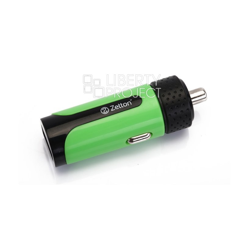 АЗУ с выходом USB ток зарядки 2,1А черное с зеленой вставкой (Zetton ZTLSCC2A1UBG)