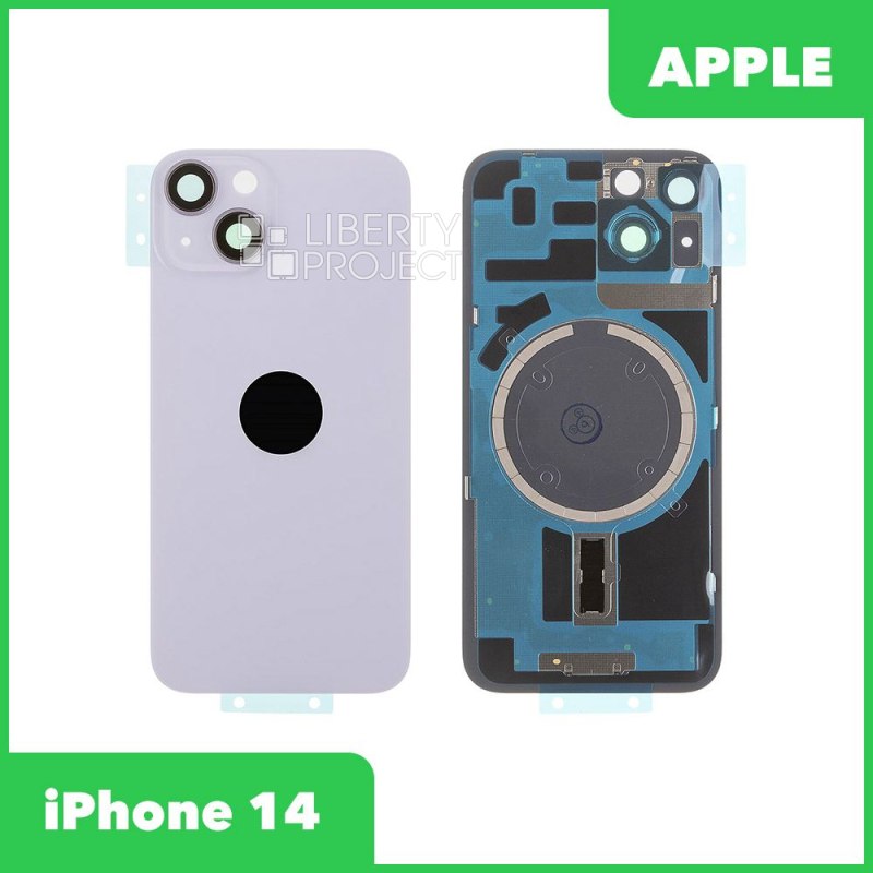 Задняя крышка для iPhone 14 (фиолетовый) в сборе со стеклом камеры с логотипом, монолит MagSafe — фото 2