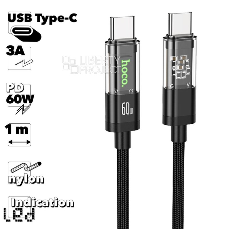 USB-C кабель HOCO U116 Crystal Type-C, 3А, PD60W, LED, 1м, нейлон (черный) — купить оптом в интернет-магазине Либерти
