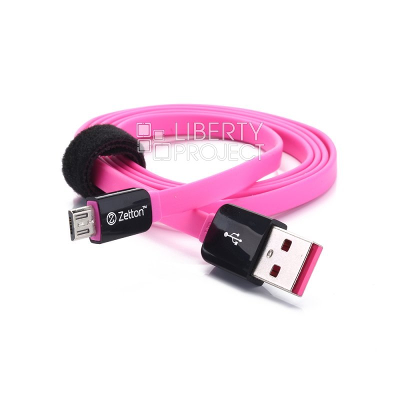 USB кабель передачи данных Zetton Flat разъем Micro USB плоский черный с розовым (ZTLSUSBFCMCBP)