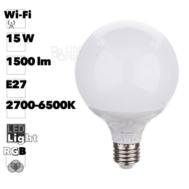 Умная лампа Zetton LED RGBCW  Wi-Fi Bulb G95 E27 15Вт