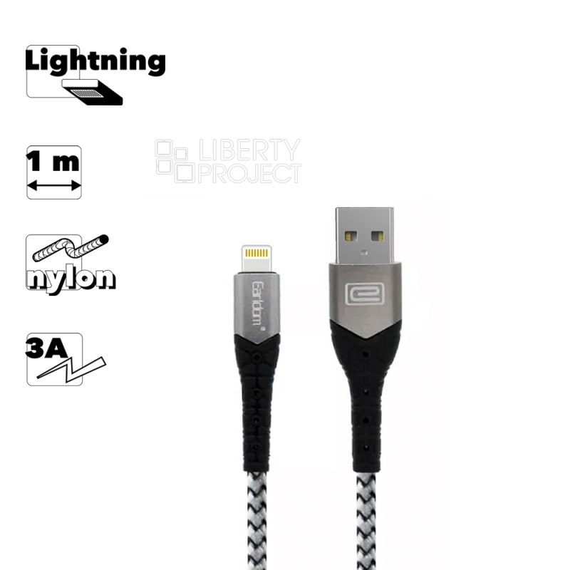 USB кабель Earldom EC-076I Lightning 8-pin, 3А, 1м, нейлон (белый/черный) — купить оптом в интернет-магазине Либерти