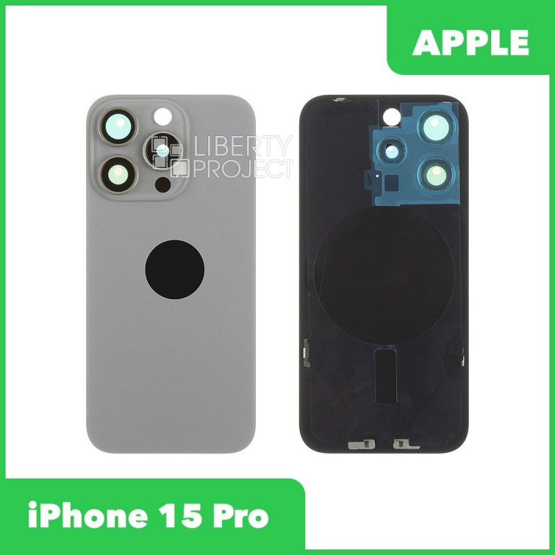 Задняя крышка для iPhone 15 Pro (серый) в сборе со стеклом камеры с логотипом, монолит — фото 2