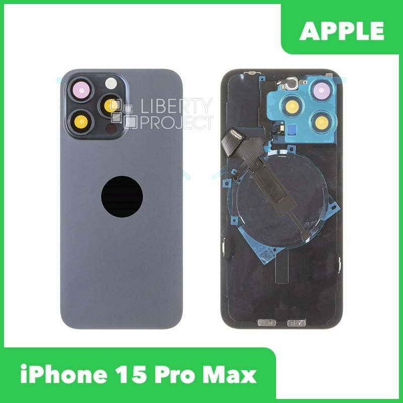 Задняя крышка для iPhone 15 Pro Max (синий) в сборе со стеклом камеры с шлейфом MagSafe — фото 2