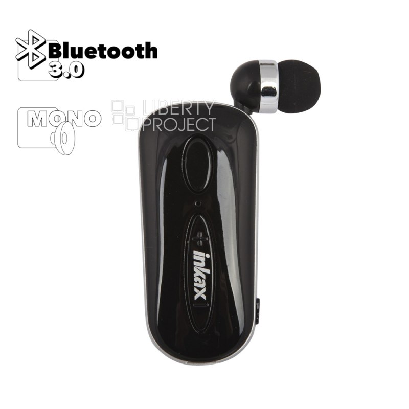 Bluetooth моногарнитура inkax HP-08 Retractbl BT 3.0, внутриканальная, клипса-ресивер (чёрный)