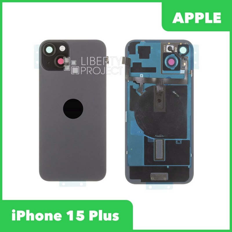 Задняя крышка для iPhone 15 Plus (черный) в сборе со стеклом камеры с шлейфом MagSafe — фото 2