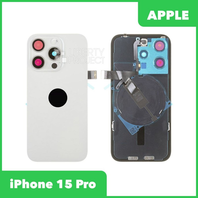 Задняя крышка для iPhone 15 Pro (белый) в сборе со стеклом камеры с шлейфом MagSafe — фото 2