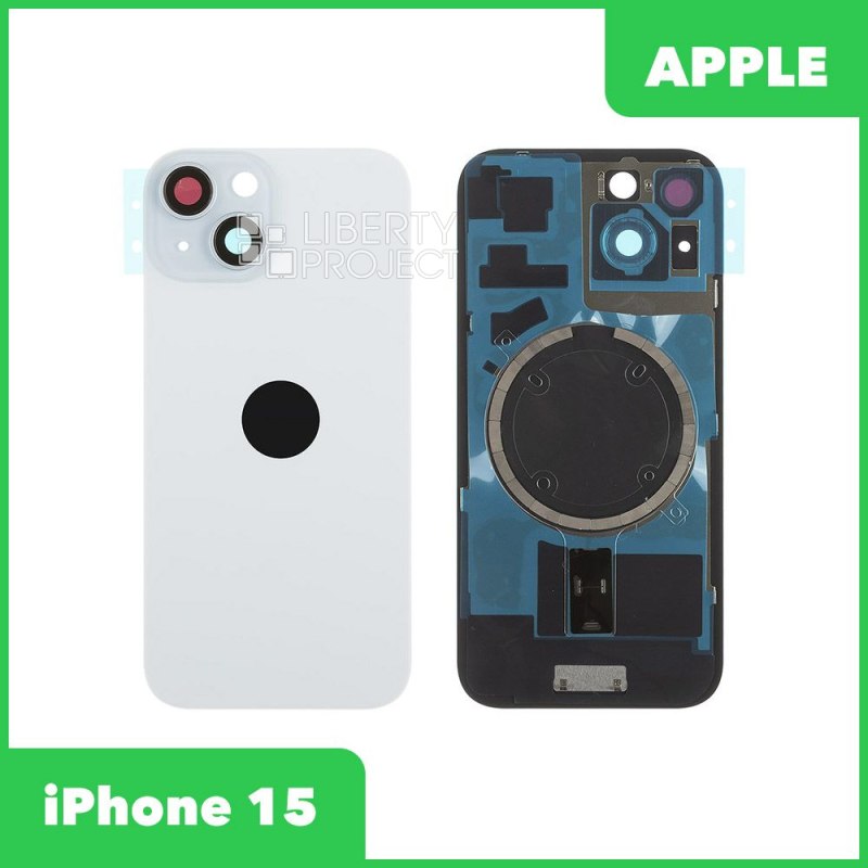 Задняя крышка для iPhone 15 (голубой) в сборе со стеклом камеры с логотипом, монолит MagSafe — фото 2