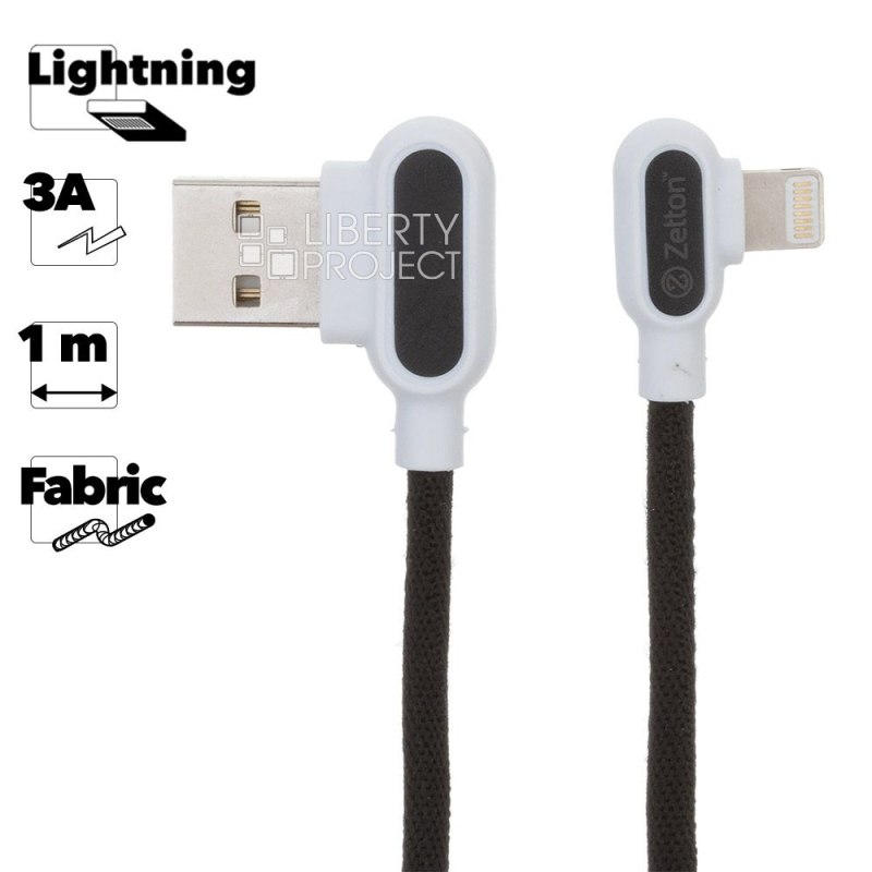 USB кабель Zetton USB SyncCharge Round Fabric Corner Cable USB to Lightning круглый пластиковые разьемы (черный) ZTUSBRFCBKA8