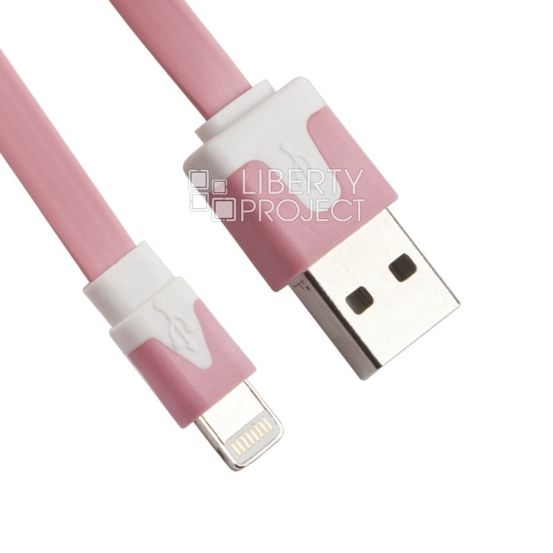 USB кабель &quot;LP&quot; для Apple iPhone/iPad Lightning 8-pin плоский узкий (розовый/коробка)