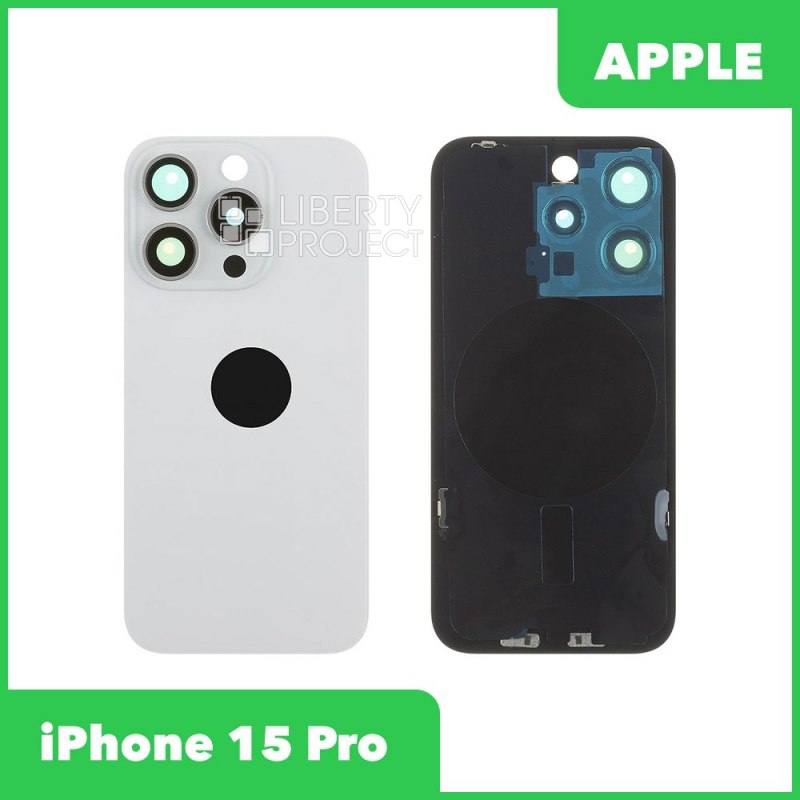 Задняя крышка для iPhone 15 Pro (белый) в сборе со стеклом камеры с логотипом, монолит — фото 2