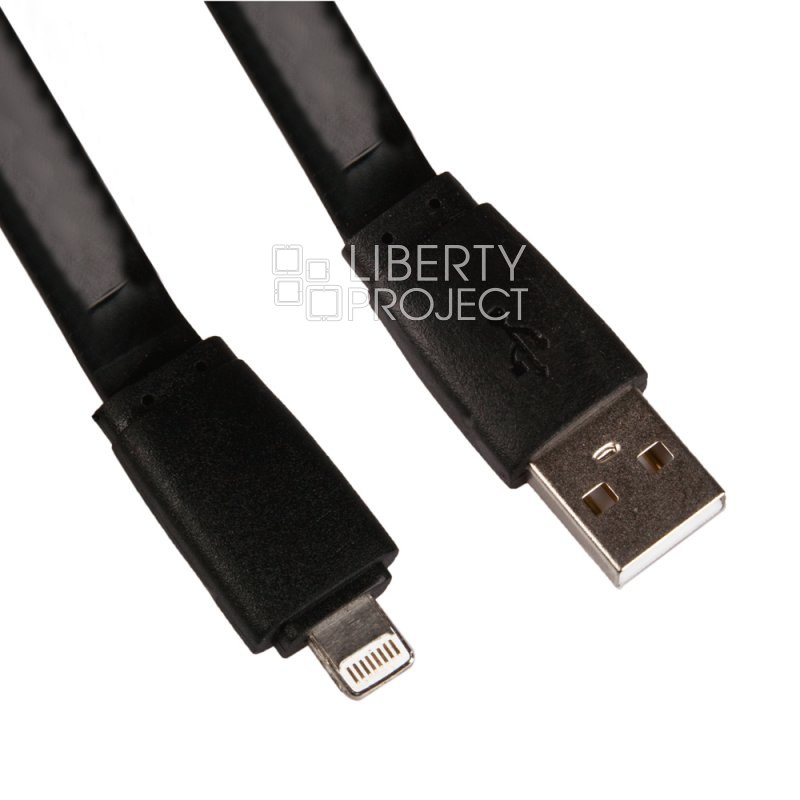 USB кабель &quot;LP&quot; для Apple iPhone/iPad Lightning 8-pin плоский широкий (черный/коробка)