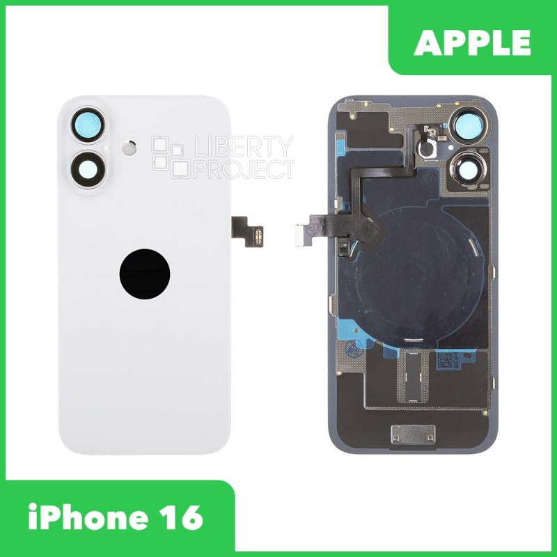 Задняя крышка для iPhone 16 (белый) в сборе со стеклом камеры, с шлейфом MagSafe — фото 2