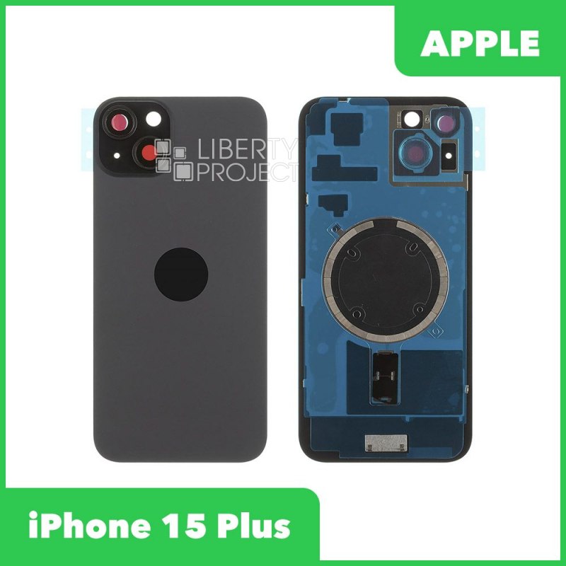Задняя крышка для iPhone 15 Plus (черный) в сборе со стеклом камеры с логотипом, монолит MagSafe — фото 2