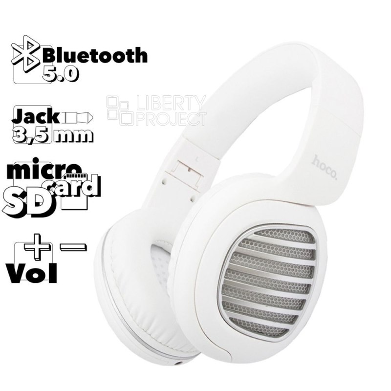 Bluetooth гарнитура HOCO W23 Brilliant Sound BT5.0, 3.5 мм, microSD, накладная, LED, громкость +/- (белый)