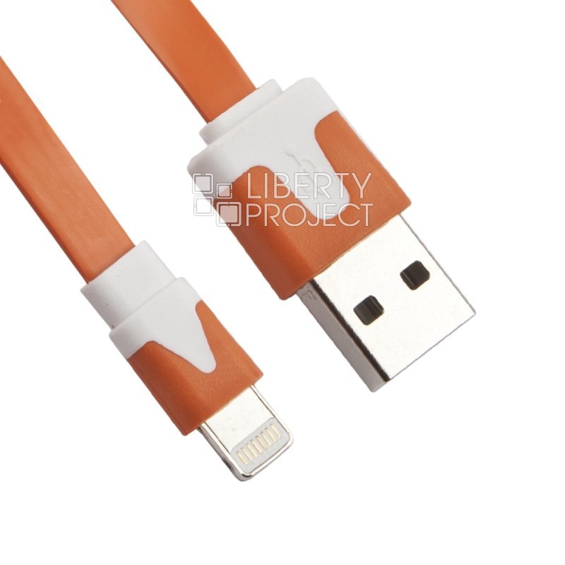 USB кабель &quot;LP&quot; для Apple iPhone/iPad Lightning 8-pin плоский узкий (оранжевый/коробка)