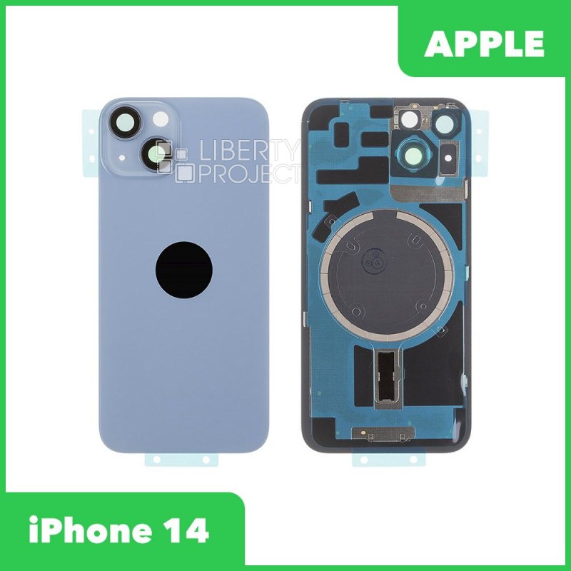 Задняя крышка для iPhone 14 (синий) в сборе со стеклом камеры с логотипом, монолит MagSafe — фото 2