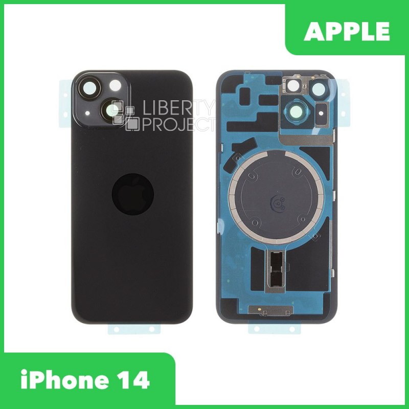 Задняя крышка для iPhone 14 (черный) в сборе со стеклом камеры с логотипом, монолит MagSafe — фото 2