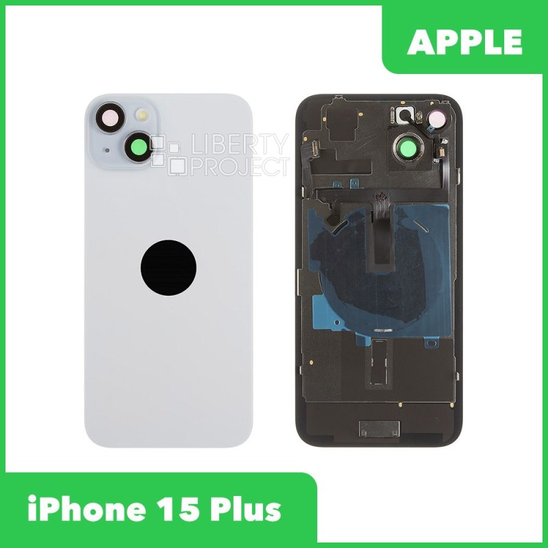 Задняя крышка для iPhone 15 Plus (голубой) в сборе со стеклом камеры с шлейфом MagSafe — фото 2
