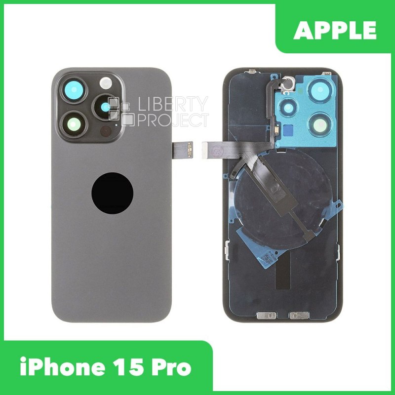 Задняя крышка для iPhone 15 Pro (черный) в сборе со стеклом камеры с шлейфом MagSafe — фото 2