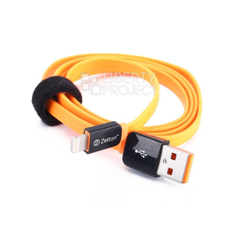 USB кабель передачи данных Zetton Flat разъем Lightning плоский черный с оранжевым (ZTLSUSBFCA8BO)