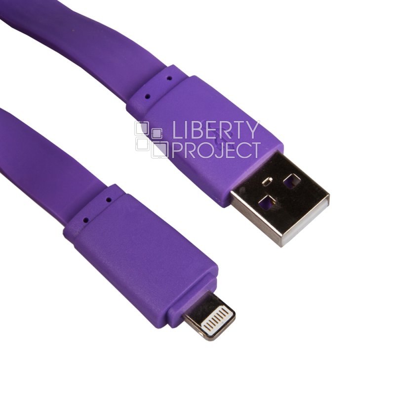 USB кабель &quot;LP&quot; для Apple iPhone/iPad Lightning 8-pin плоский широкий (сиреневый/коробка)
