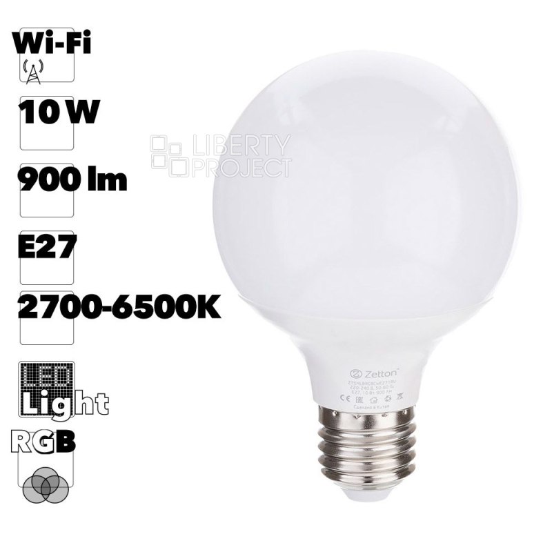 Умная лампа Zetton LED RGBCW Wi-Fi Bulb G80 E27 10Вт