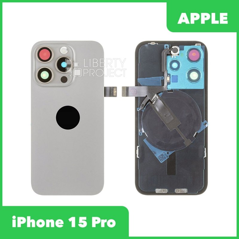 Задняя крышка для iPhone 15 Pro (серый) в сборе со стеклом камеры с шлейфом MagSafe — фото 2