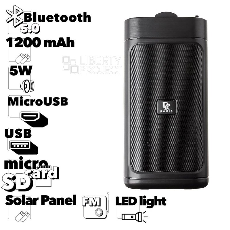Колонка беспроводная Bluetooth ROMIS RM-S508 1*5W USB/TF/FM/TWS/LED/Фонарь/Солн. батар. (черная)